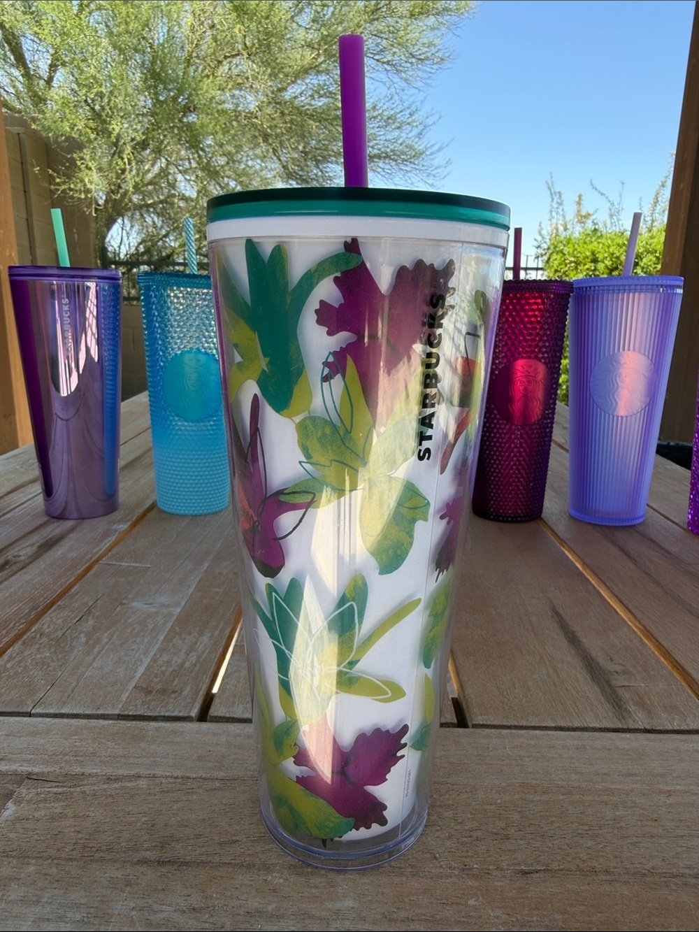 Starbucks Floral Travel Tumbler in Purple and Green with Straw 24oz